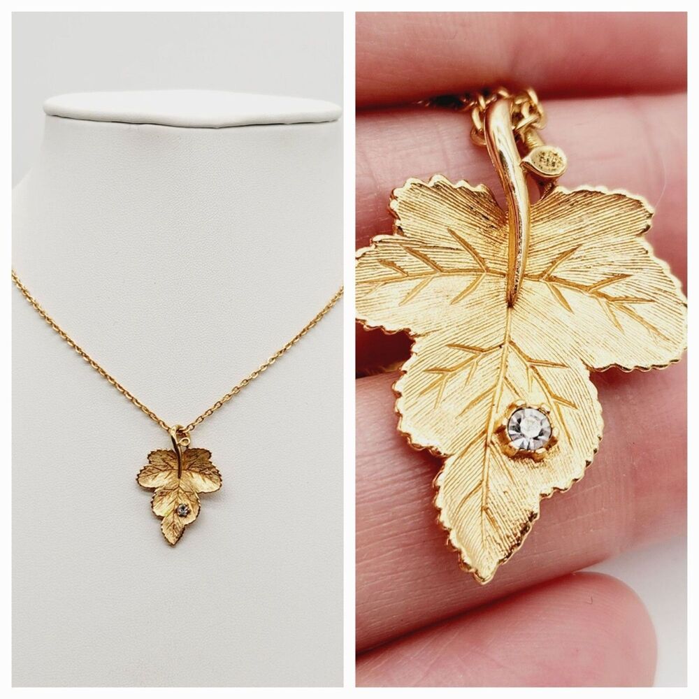Vintage Avon Etched Leaf Faceted Clear Rhinestone Gold Tone Necklace 15" EVC